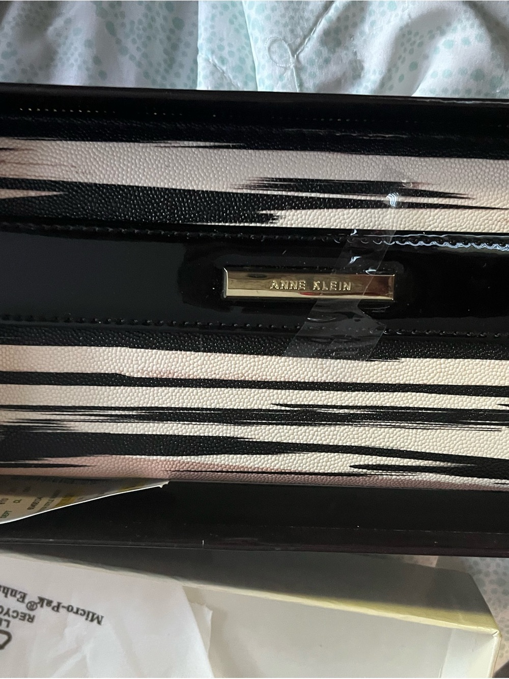 Anne Klein Black and White Striped Patent Accent Clutch
